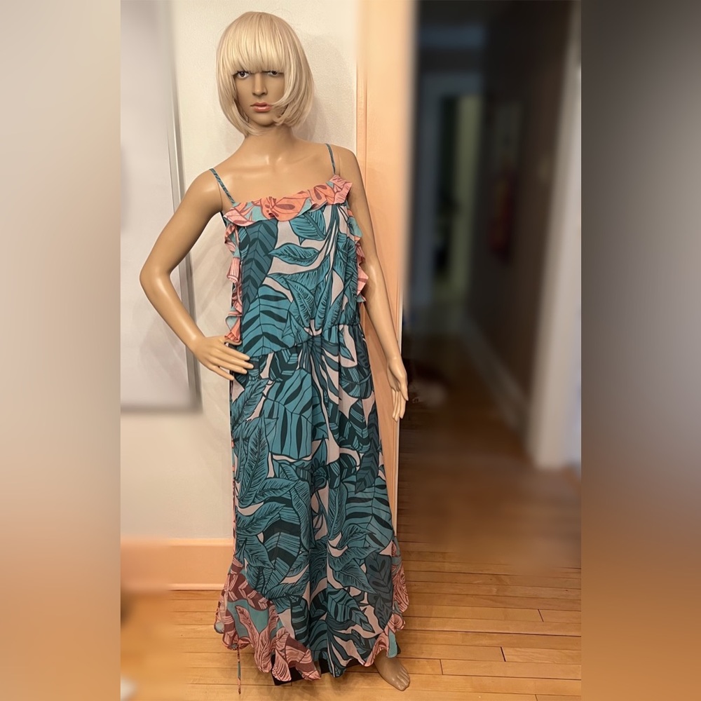 FARM Rio Teal and Pink Tropical Leaf Maxi Dress